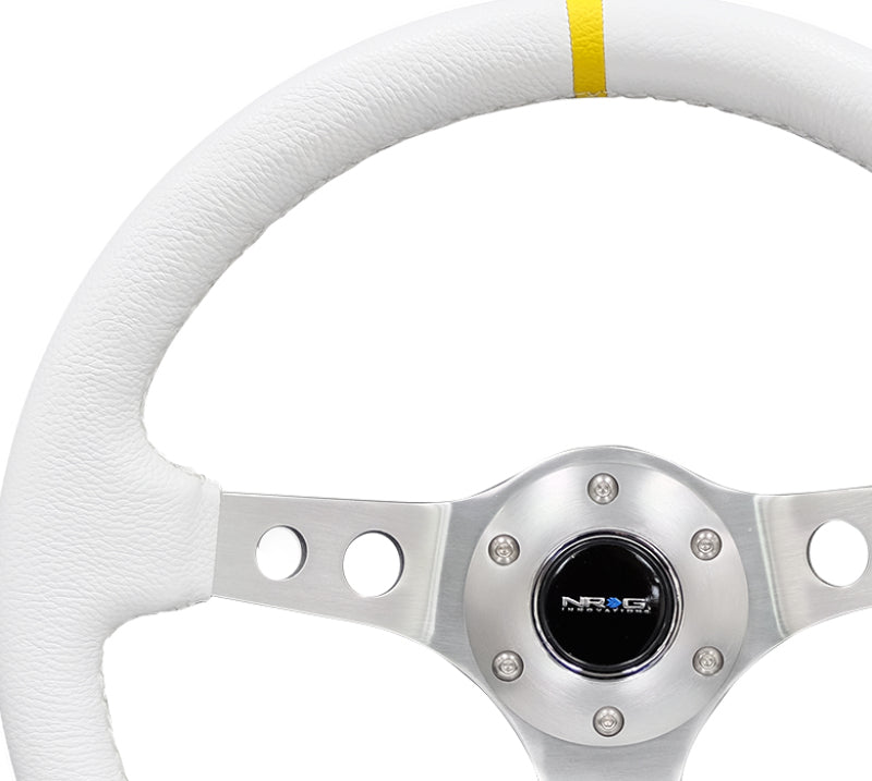 NRG Reinforced Steering Wheel (350mm / 3in. Deep) White Leather w/Silver Spoke & Single Yellow Mark - RST-006WT-Y