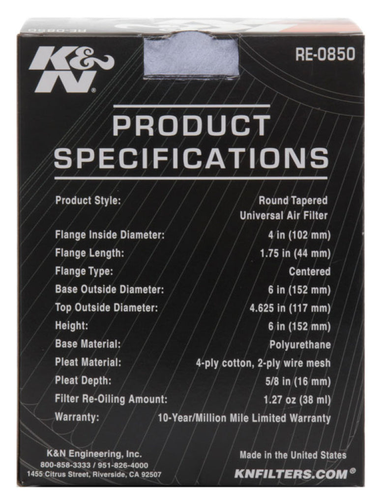 K&N Universal Air Filter (4in. Flange / 6in. Base OD / 4-5/8in. Top OD / 6in. Height) - RE-0850