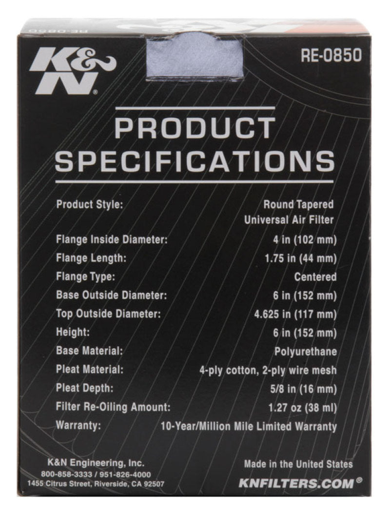 K&N Universal Air Filter (4in. Flange / 6in. Base OD / 4-5/8in. Top OD / 6in. Height) - RE-0850