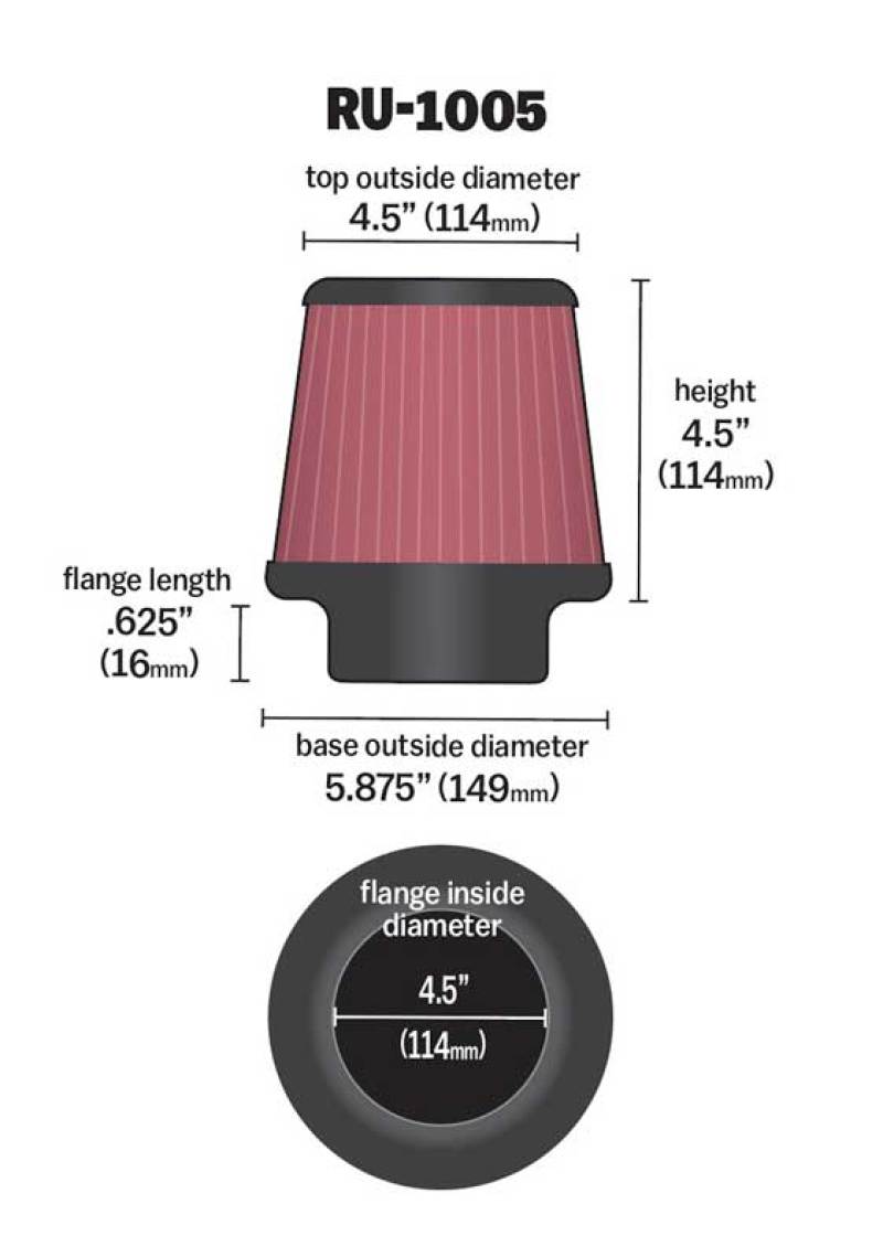 K&N Filter Universal X Stream Clamp-On 4-1/2in Flange 5-7/8in Base 4-1/2in Top 4-1/2in Height - RU-1005