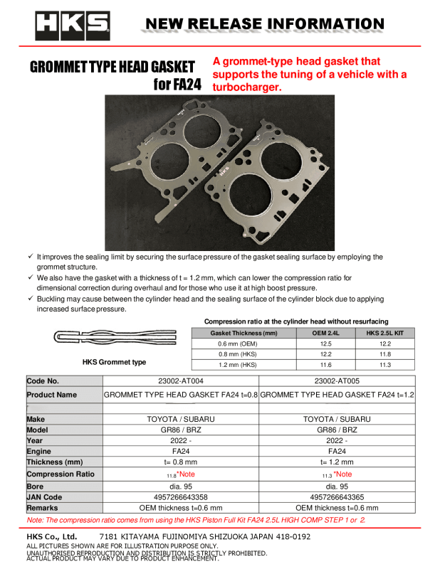 HKS Subaru FA24 0.8mm Thickness 11.8 CR Grommet Type Head Gasket - 23002-AT004