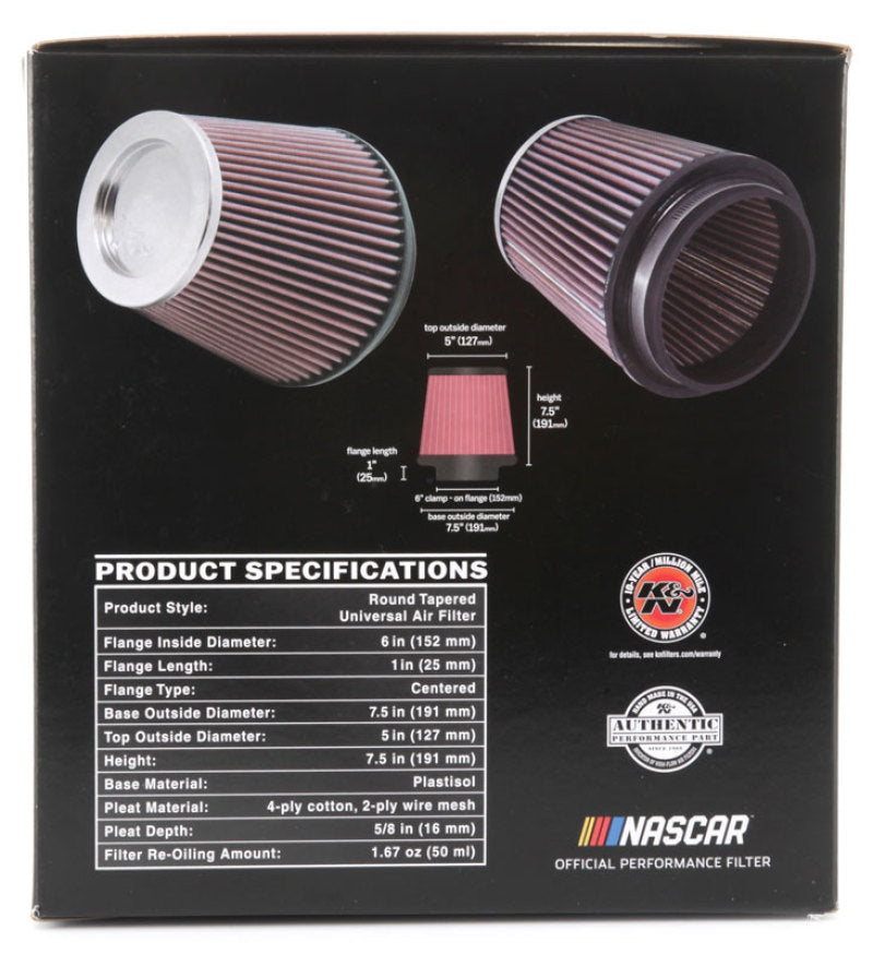 K&N Round Tapered Universal Air Filter 6 inch Flange 7 1/2 inch Base 5 inch Top 7 1/2 inch Height - RF-1041
