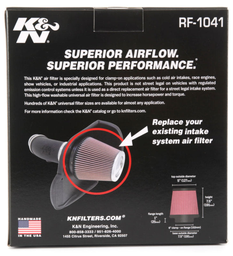 K&N Round Tapered Universal Air Filter 6 inch Flange 7 1/2 inch Base 5 inch Top 7 1/2 inch Height - RF-1041