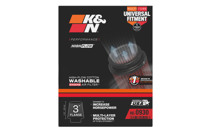 K&N Universal Rubber Filter - Round Tapered 6in Base OD x 3in Flange ID x 6in H - RE-0930