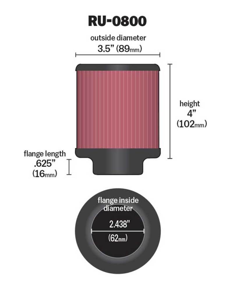 K&N Universal Air Filter - 2-7/16in Flange x 3-1/2in OD x 4in Height - RU-0800