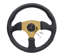 Load image into Gallery viewer, NRG Reinforced Steering Wheel (350mm / 2.5in. Deep) Leather Race Comfort Grip w/4mm Gold Spokes - RST-023GD-R