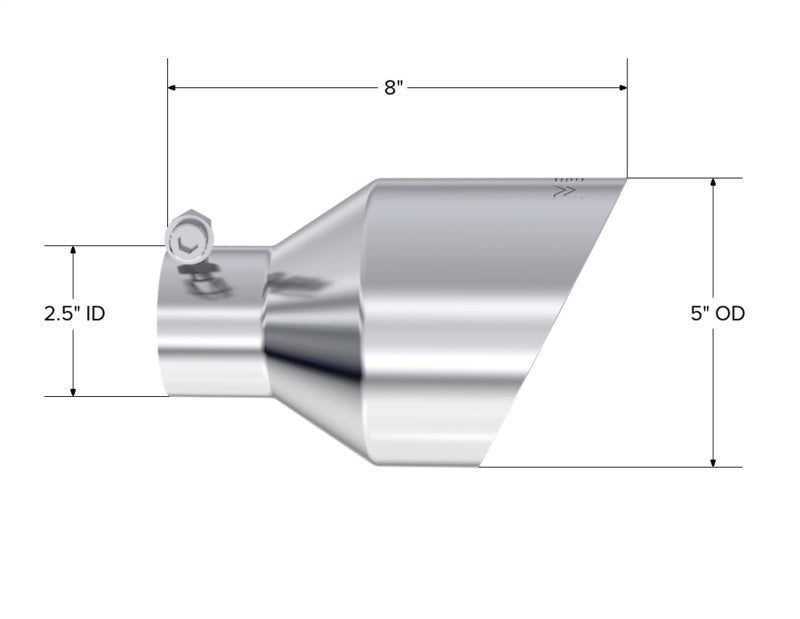 MBRP T304 SS Tip 2.5in ID, 5in OD Out, 8in Length, Angle Cut, Dual Wall - T5203
