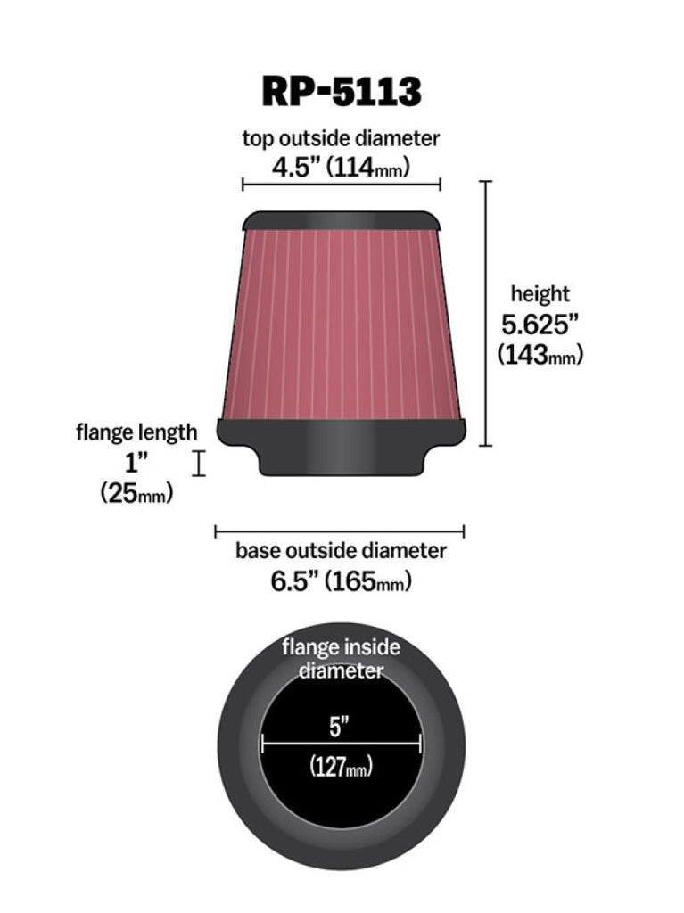 K&N Cone Filter 5in ID 6.5in base 4.5in top 5.625in height carbon fiber look - RP-5113