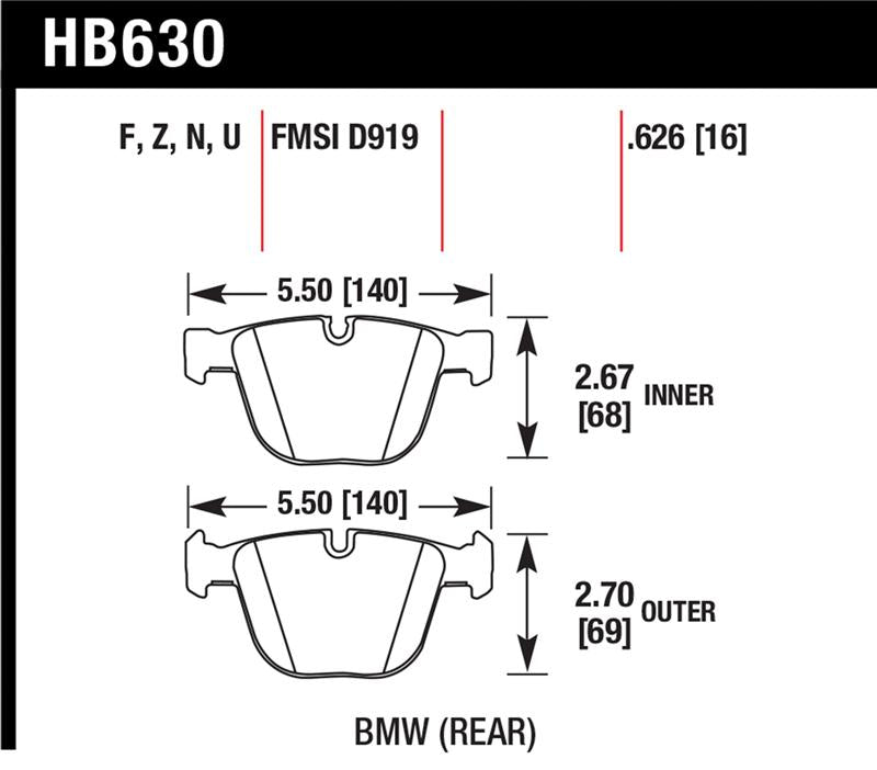 Hawk 04-10 BMW 535i/545i/550i / 04-10 645Ci/650i /02-09 745i/745Li/750  DTC-70 Race Rear Brake Pads - HB630U.626