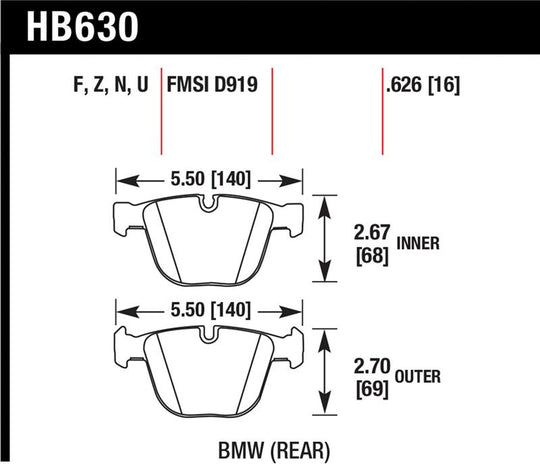 Hawk 04-10 BMW 535i/545i/550i / 04-10 645Ci/650i /02-09 745i/745Li/750  DTC-70 Race Rear Brake Pads - HB630U.626