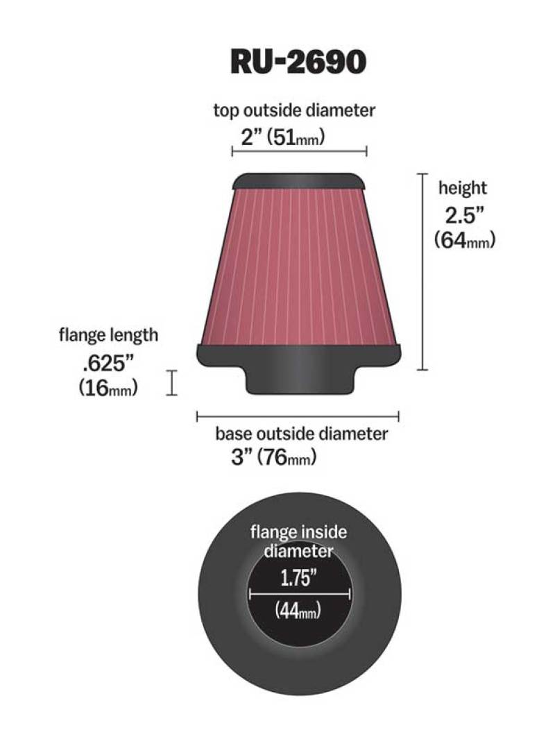 K&N Filter Universal Rubber Filter 1 3/4 inch Flange 3 inch Base 2 inch Top 2.5 inch Height - RU-2690