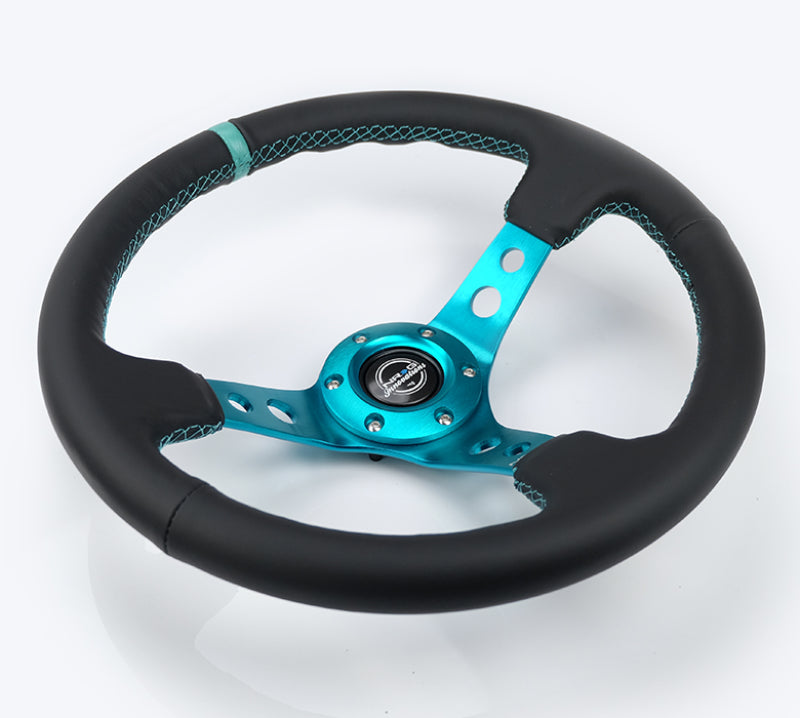 NRG Reinforce Steering Wheel (350mm / 3in. Deep) Blk Leather, Teal Center Mark w/ Teal Stitching - RST-006TL