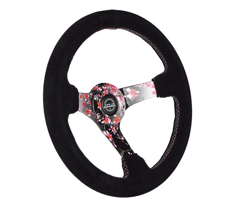 NRG Reinforced Steering Wheel (350mm) 3in Deep Pink Sakura Floral Solid Spoke - Black Suede/Stitch - RST-036SAK-S