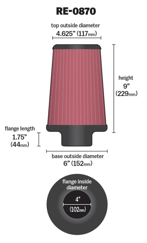 K&N Universal Rubber Filter 4inch FLG / 6inch OD-B / 4-5/8inch OD-T / 9inch H - RE-0870