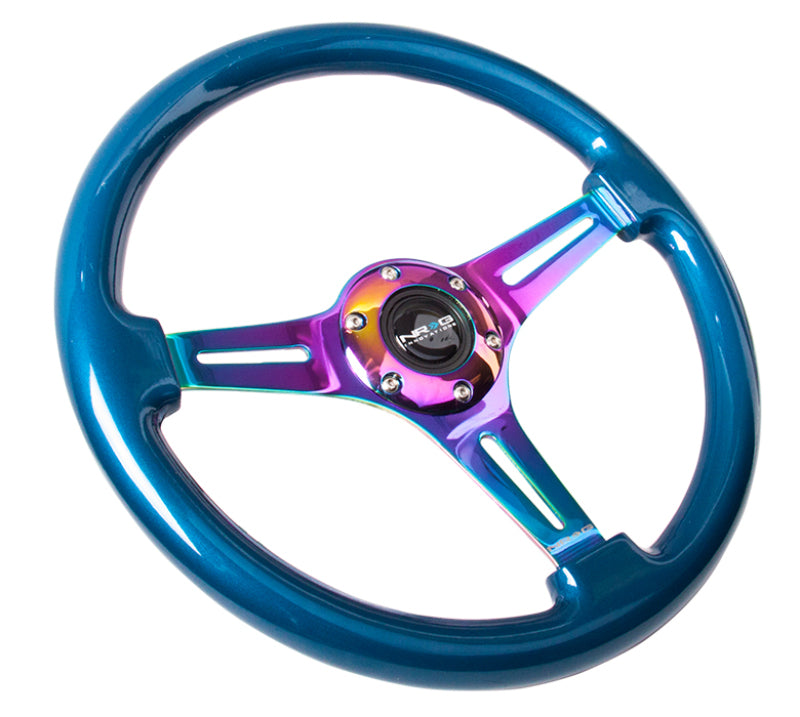 NRG Classic Wood Grain Steering Wheel (350mm) Blue Pearl/Flake Paint w/Neochrome 3-Spoke Center - ST-015MC-BL