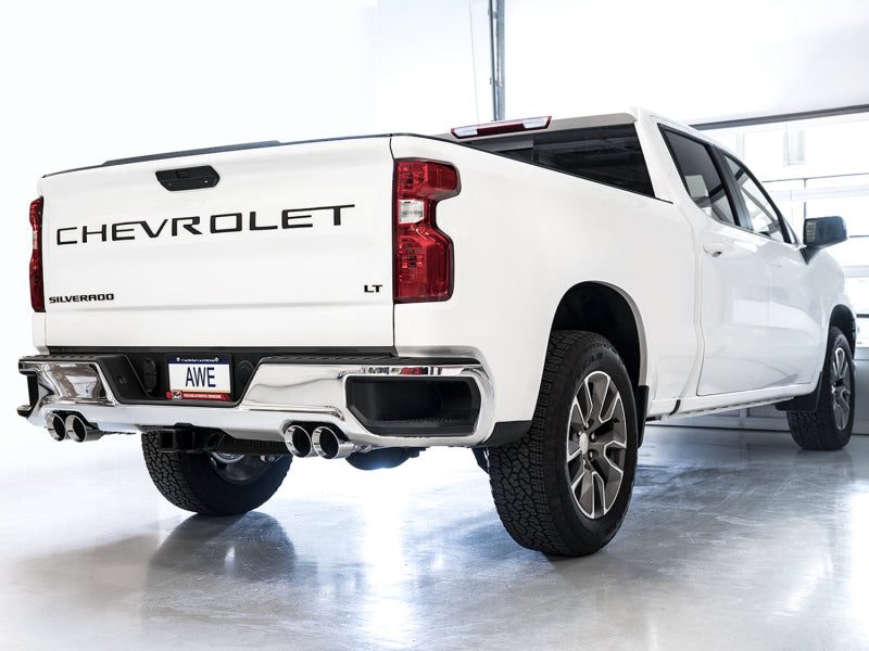 AWE Tuning 4th Gen GM 1500 6.2L 0FG Cat-Back Split Rear Exit (w/ Bumper Cutouts) - Quad Chrome Tips - 3015-42203