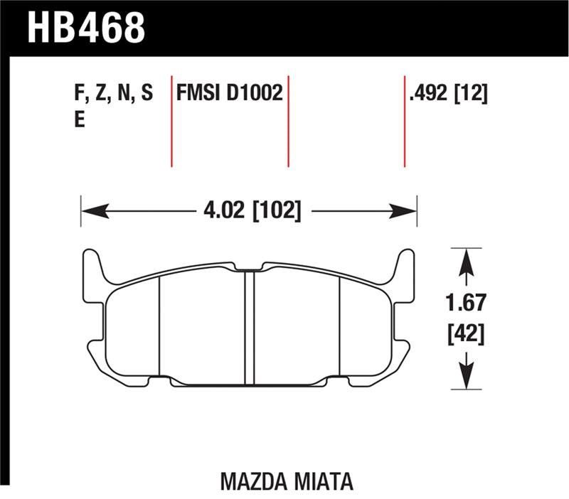 Hawk 03-05 Miata w/ Sport Suspension Blue 9012 Race Rear Brake Pads D1002 - HB468E.492
