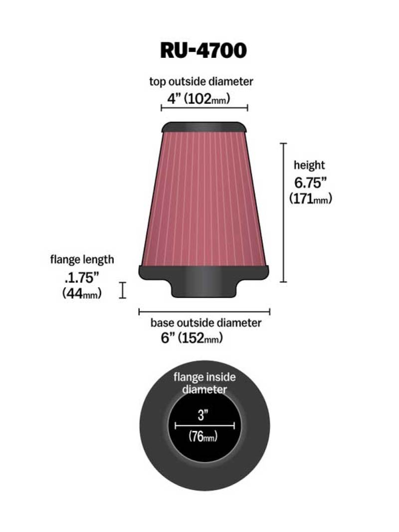 K&N Universal Tapered Filter 3in Flange ID x 6in Base OD x 4in Top OD x 6.75in Height - RU-4700