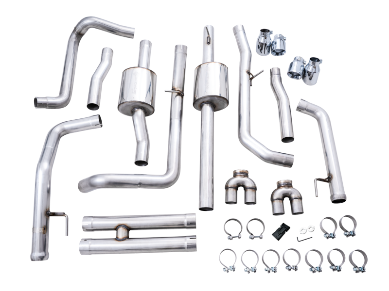 AWE Tuning 4th Gen GM 1500 6.2L 0FG Cat-Back Split Rear Exit (w/ Bumper Cutouts) - Quad Chrome Tips - 3015-42203
