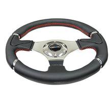 Load image into Gallery viewer, NRG Reinforced Steering Wheel (320mm) Blk Leather/Red Stitching w/Chrome 3-Spoke Center - RST-008R