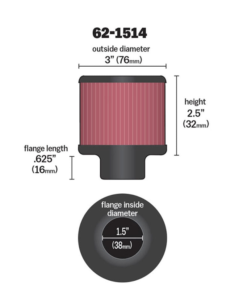 K&N 1.5in Flange ID x 3in OD x 2.5in Height Clamp On Crankcase Vent Filter - 62-1514
