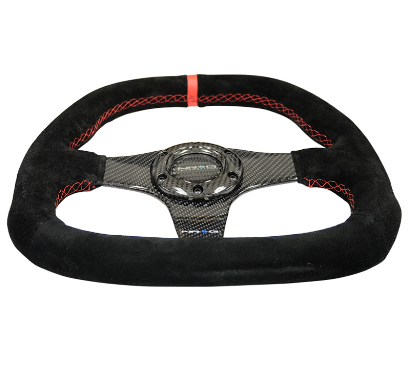 NRG Carbon Fiber Steering Wheel (320mm) Flat Btm. Blk Suede/Red Stitch w/CF Spokes & Red Center Mark - ST-019CF