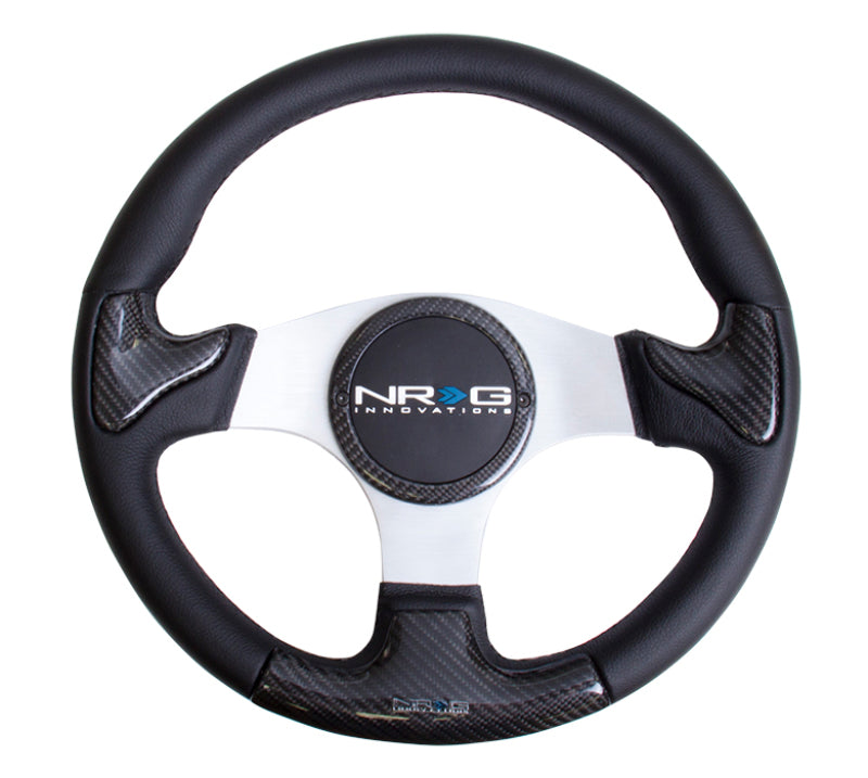 NRG Carbon Fiber Steering Wheel (350mm) Silver Frame Blk Stitching w/Rubber Cover Horn Button - ST-014CFSL