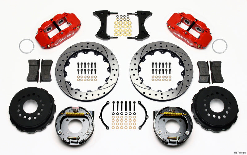 Wilwood Narrow Superlite 4R Rear P-Brk Kit 12.88in Drilled Red Chevy 12 Bolt-Spec 3.15in Brng Front - 140-10909-DR