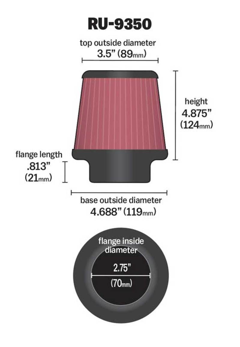 K&N Universal Clamp-On Air Filter 2-3/4in FLG / 4-11/16in B / 3-1/2in T / 4-7/8in H - RU-9350
