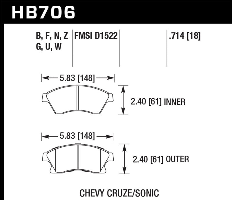 Hawk 11-12 Chevy Cruze Eco/LS/1LT/2LT/LTZ / 12 Sonic LS/LT/LTZ DTC-60 Front Race Brake Pads - HB706G.714