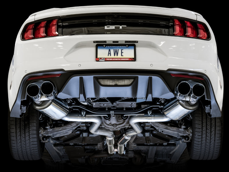 AWE Tuning 2018+ Ford Mustang GT (S550) Cat-Back Exhaust - Touring Edition (Quad Chrome Silver Tips) - 3015-42102