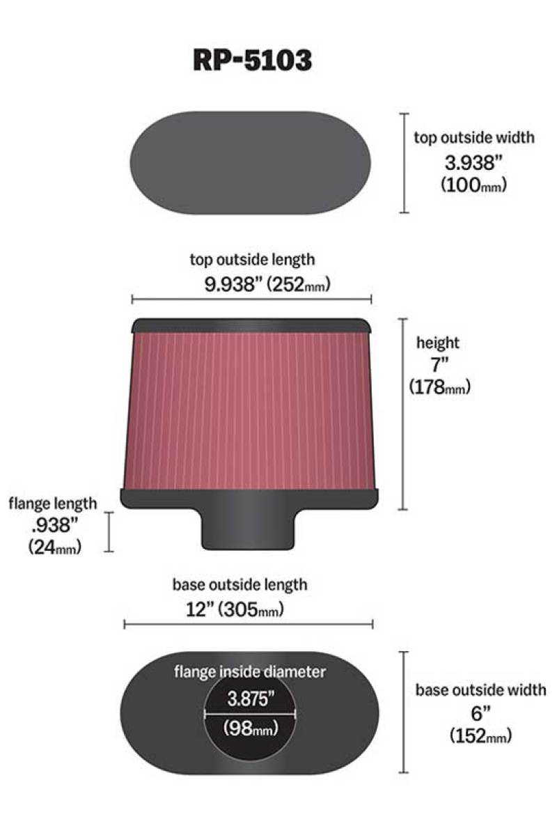 K&N Universal Filter with Carbon Fiber Top & Base-12in Base O/S Length x 6in Base O/S Width x 7in H - RP-5103