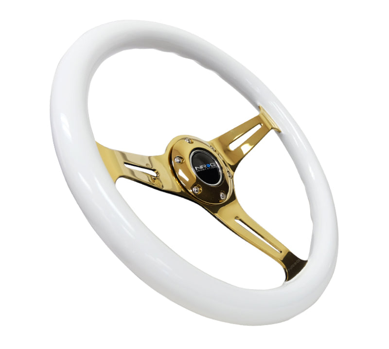 NRG Classic Wood Grain Steering Wheel (350mm) White Grip w/Chrome Gold 3-Spoke Center - ST-015CG-WT