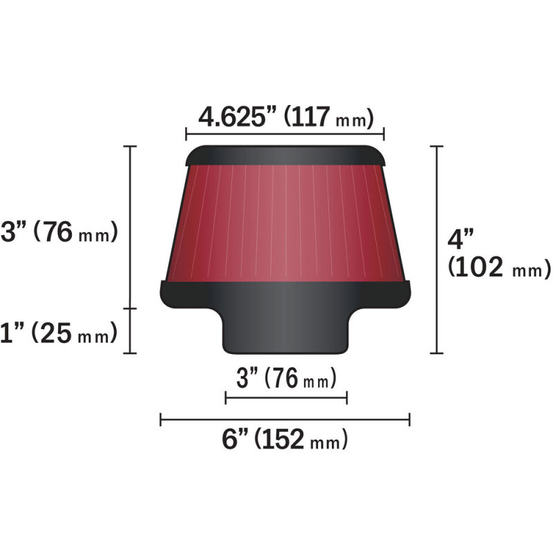 K&N Universal Round Clamp-On Air Filter 3in Flange ID x 6in Base OD x 4.625in Top OD x 3in Height - RU-5288