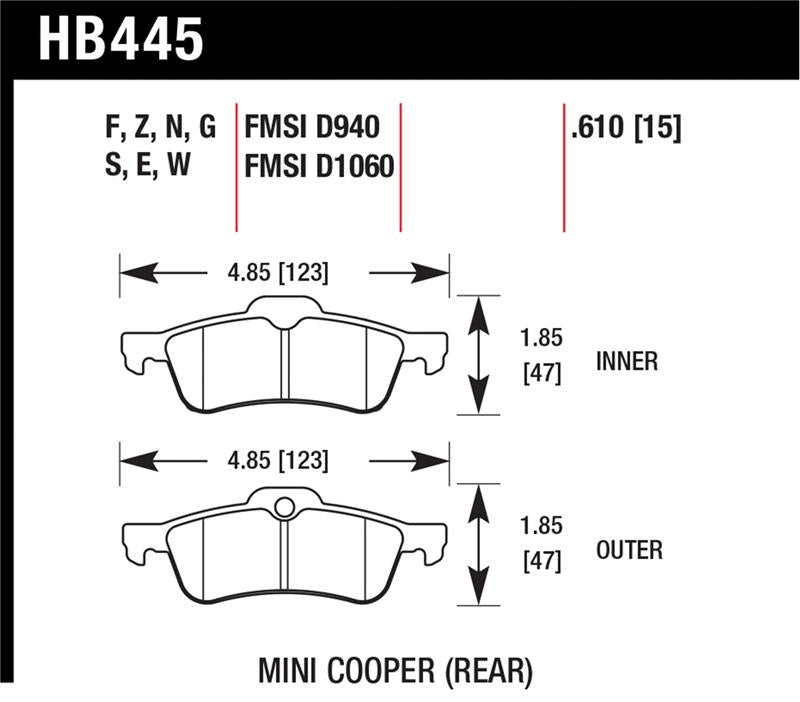 Hawk 02-06 Mini Cooper / Cooper S HP+ Street Rear Brake Pads - HB445N.610