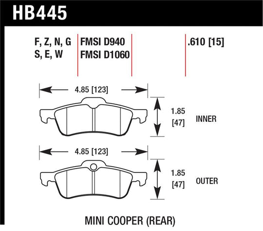Hawk 02-06 Mini Cooper / Cooper S HP+ Street Rear Brake Pads - HB445N.610