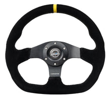 Load image into Gallery viewer, NRG Reinforced Steering Wheel (320mm) Sport Suede Dual Push Buttons Flat Bottom w/ Yellow Center - RST-024D-MB-S-Y