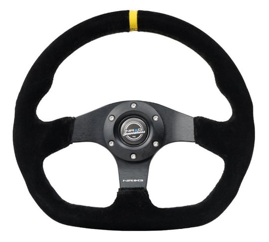 NRG Reinforced Steering Wheel (320mm) Sport Suede Dual Push Buttons Flat Bottom w/ Yellow Center - RST-024D-MB-S-Y