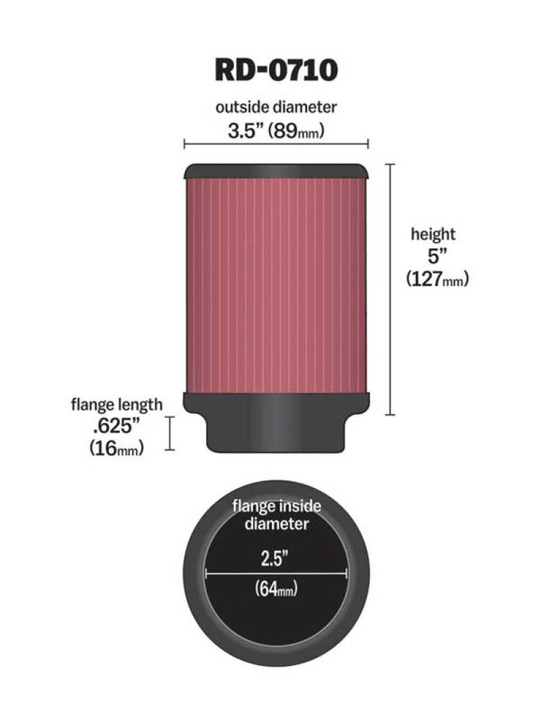 K&N Universal Rubber Filter 2.5in Flange ID x 3.5in OD x 5in Height - RD-0710
