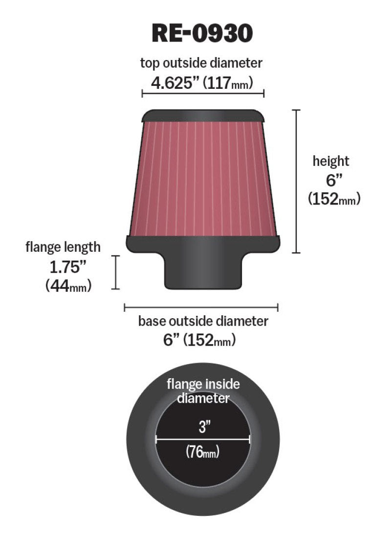 K&N Universal Rubber Filter - Round Tapered 6in Base OD x 3in Flange ID x 6in H - RE-0930