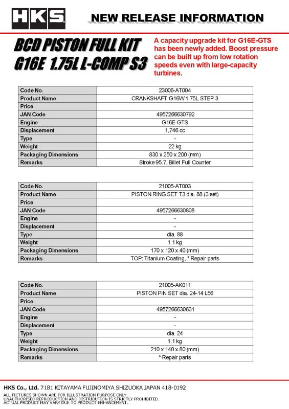HKS BCD Piston Kit G16E 1.75L L-Comp S3 D88 - 21003-AT008