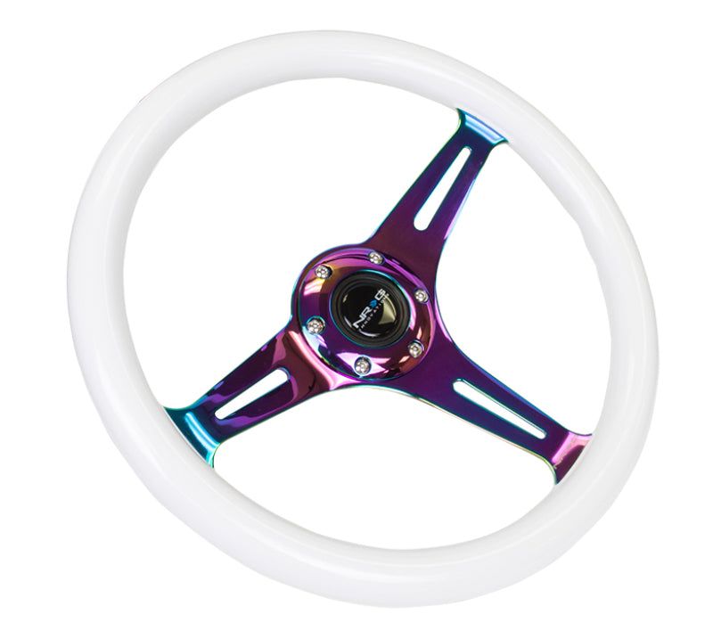 NRG Classic Wood Grain Steering Wheel (350mm) Glow-N-The-Dark Green Grip w/Neochrome 3-Spoke Center - ST-015MC-GL