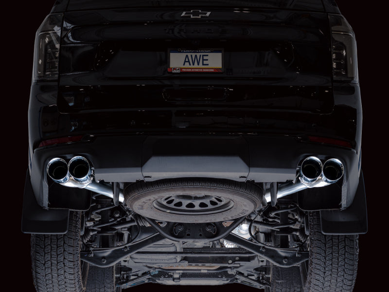 AWE Tuning 2021+ GMC Tahoe/Yukon 5.3L 0FG Split Rear Exit Catback Exhaust - Quad Chrome Silver Tips - 3015-42006
