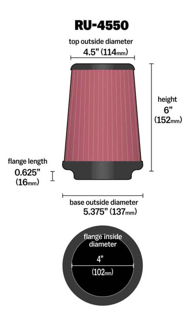 K&N Universal Air Filter 4in Flange / 5-3/8in Base / 4-1/2in Top / 6in Height - RU-4550