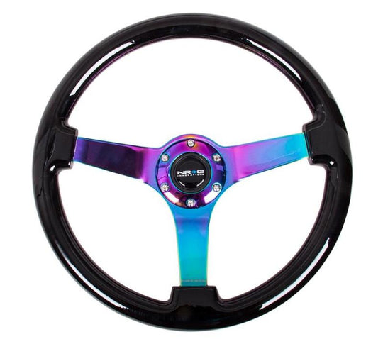 NRG Reinforced Steering Wheel (350mm / 3in Deep) Classic Blk Wood Grain w/Neochrome 3-Spoke Center - RST-036BK-MC