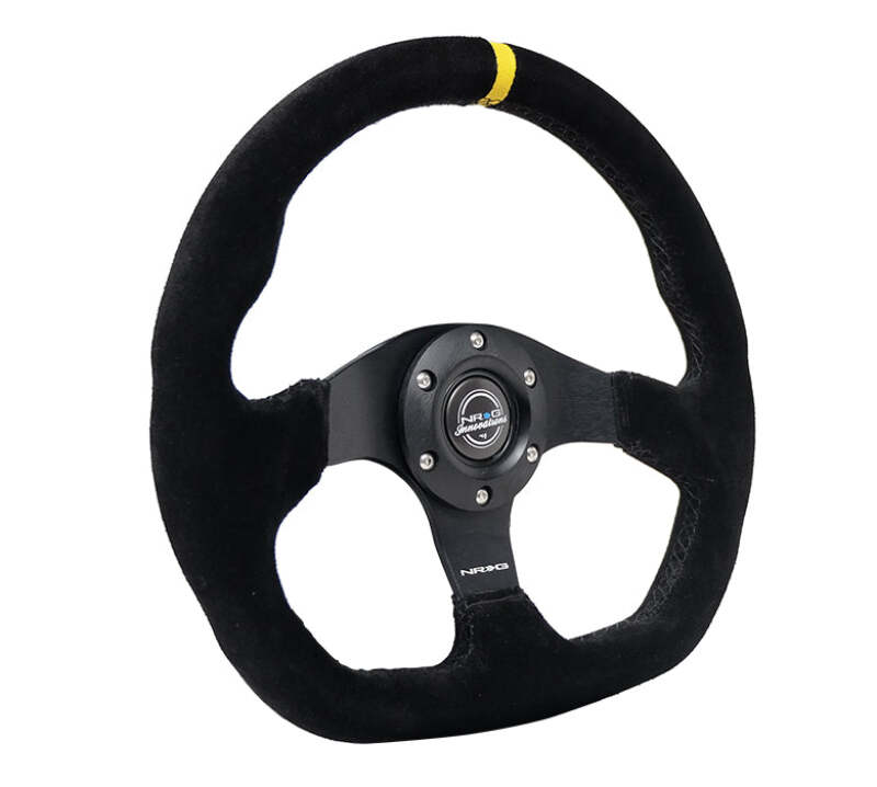 NRG Reinforced Steering Wheel (320mm) Sport Suede Flat Bottom w/ Yellow Center Mark - RST-024MB-S-Y