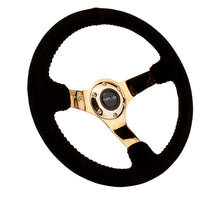 Load image into Gallery viewer, NRG Reinforced Steering Wheel (350mm / 3in. Deep) Blk Suede w/Red BBall Stitch &amp; Chrome Gold 3-Spoke - RST-036GD-S