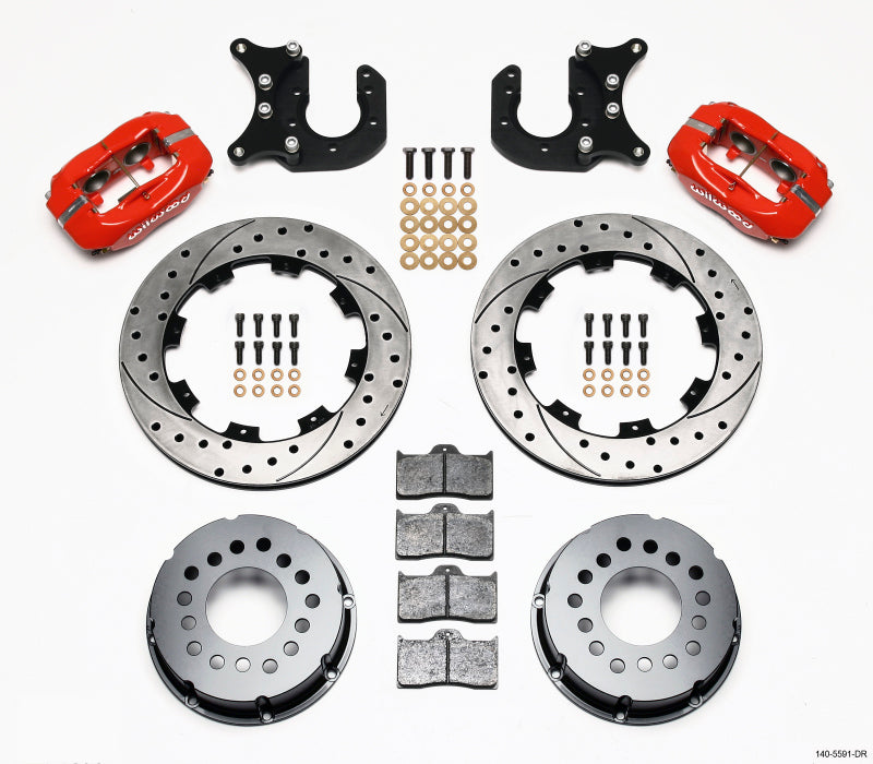 Wilwood Forged Dynalite P/S Rear Kit Drilled Red Mopar/Dana 2.36in Off w/Snap Ring Bearing - 140-5591-DR