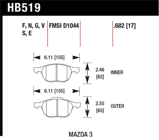Hawk HP+ 08-09 Mazda 3 / Ford/ Volvo HP+ Street Front Brake Pads - HB519N.682