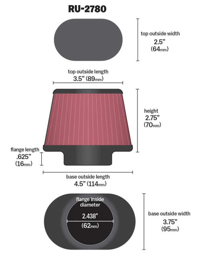 K&N Filter Universal Rubber Filter 2 7/16 inch Flange 4.5x3.75 inch Base 3.5x2.5 inch Top 2.75 inch - RU-2780